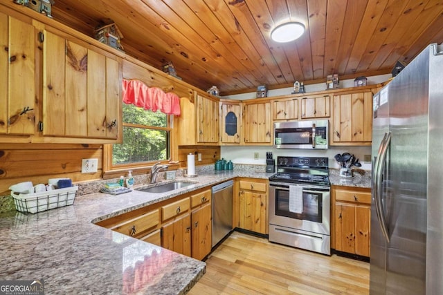 1600 My Mountain Rd, Morganton, GA 30560 - kitchen featuring stainless steel appliances, a sink, light wood finished floors, light stone countertops, and wooden ceiling