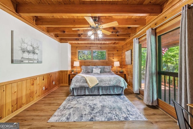 1600 My Mountain Rd, Morganton, GA 30560 - bedroom featuring wood walls, beam ceiling, wooden ceiling, wood finished floors, and a wainscoted wall