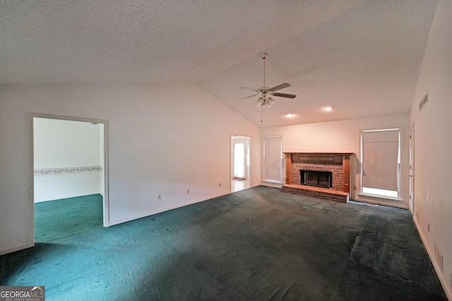 251 Lambeth Dr, Hiram, GA 30141 - unfurnished living room with carpet floors, a ceiling fan, lofted ceiling, a fireplace, and baseboards