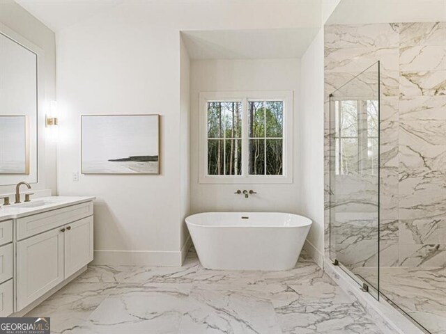 2000 Birmingham Rd, Milton, GA 30004 - full bathroom featuring a marble finish shower, vanity, a freestanding tub, and marble tiled flooring