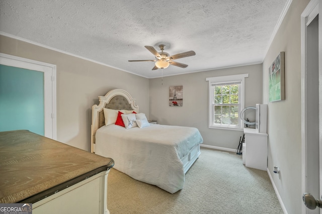 83 Summit Ridge Cir SE, Cartersville, GA 30120 - bedroom featuring light colored carpet, crown molding, baseboards, a textured ceiling, and ceiling fan