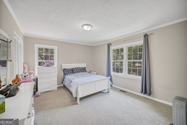 83 Summit Ridge Cir SE, Cartersville, GA 30120 - bedroom featuring light carpet, crown molding, a textured ceiling, baseboards, and radiator
