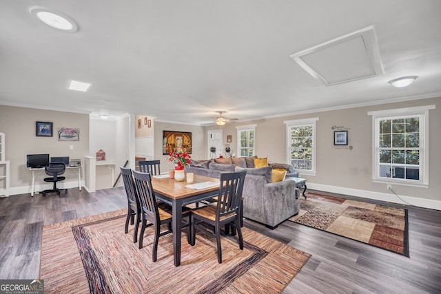 83 Summit Ridge Cir SE, Cartersville, GA 30120 - dining space featuring plenty of natural light, wood finished floors, an office area, ornamental molding, and a ceiling fan
