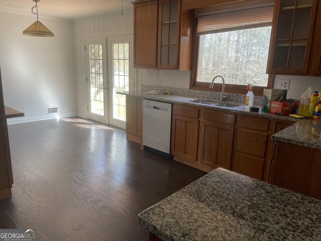 175 Thigpen Rd, Newnan, GA 30263 - kitchen with a sink, white dishwasher, plenty of natural light, dark wood finished floors, and crown molding