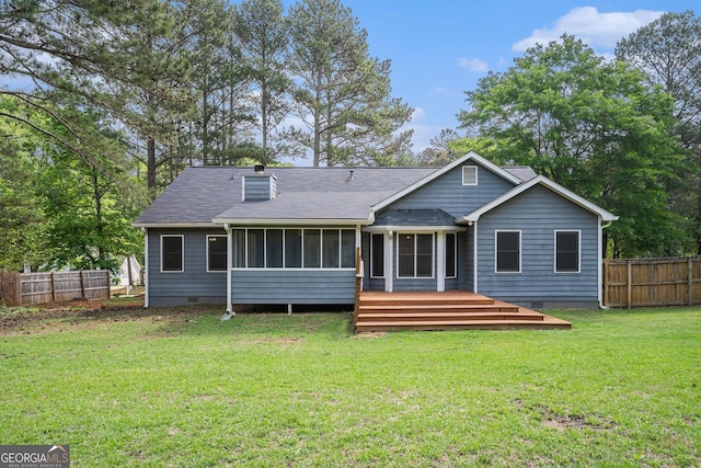 325 N Oakland Cir, Mcdonough, GA 30253 - back of property featuring a sunroom, crawl space, a deck, and a chimney