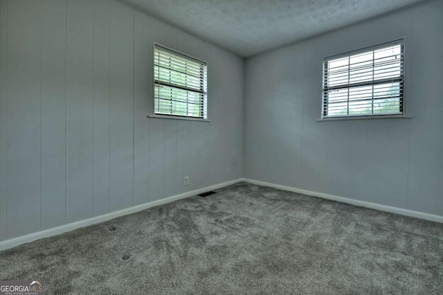 unfurnished room featuring healthy amount of natural light, carpet floors, a textured ceiling, and baseboards