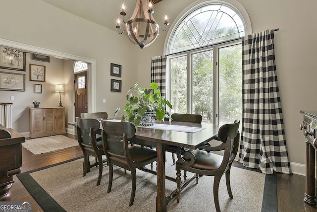 100 Rosemont, Peachtree City, GA 30269 - dining area with dark wood-style floors, a chandelier, and baseboards