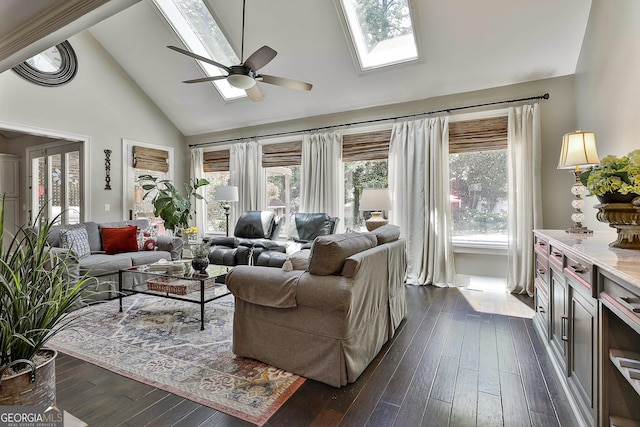 100 Rosemont, Peachtree City, GA 30269 - living area with a skylight, high vaulted ceiling, a ceiling fan, and dark wood-type flooring