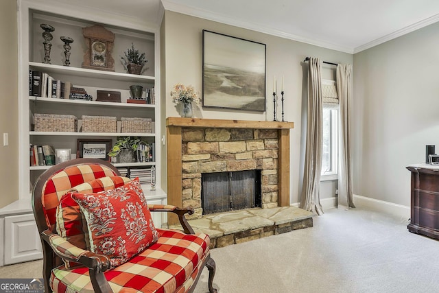 100 Rosemont, Peachtree City, GA 30269 - living area with carpet flooring, a stone fireplace, crown molding, and baseboards