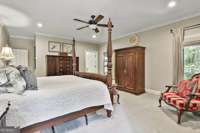100 Rosemont, Peachtree City, GA 30269 - bedroom featuring light carpet, recessed lighting, baseboards, ornamental molding, and ceiling fan