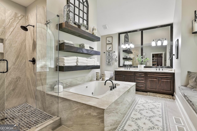 100 Rosemont, Peachtree City, GA 30269 - full bath with a stall shower, tile patterned floors, double vanity, and a bath