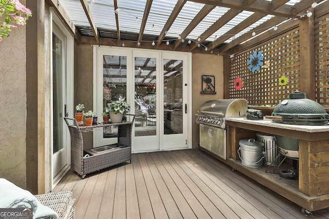 100 Rosemont, Peachtree City, GA 30269 - wooden terrace with a pergola, an outdoor kitchen, french doors, and grilling area