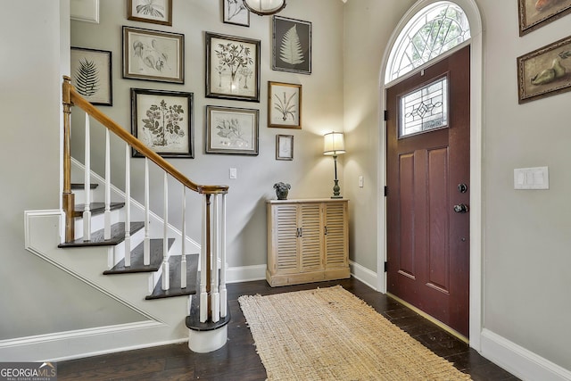 100 Rosemont, Peachtree City, GA 30269 - foyer entrance with baseboards, stairway, dark wood-type flooring, and a high ceiling