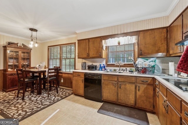kitchen featuring black appliances, a sink, light countertops, brown cabinetry, and ornamental molding