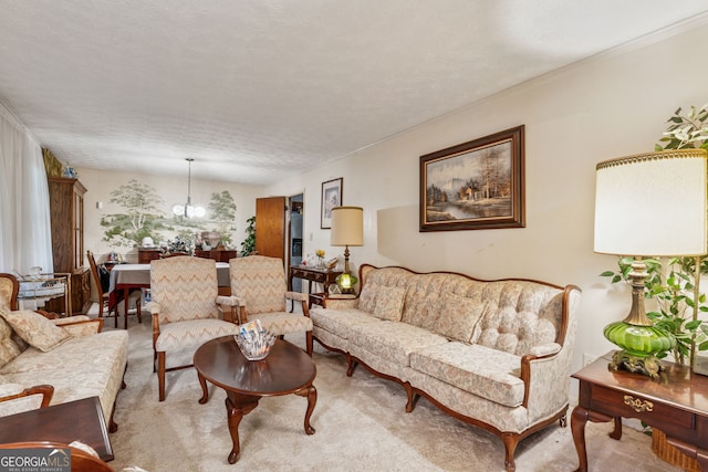 living room with a chandelier and light colored carpet