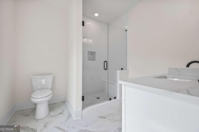 bathroom with marble finish floors, a shower stall, toilet, baseboards, and vanity