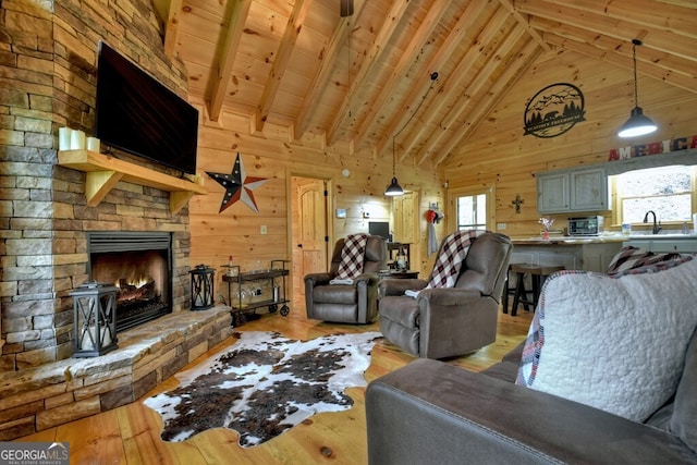 120 Christopher Dr, Ellijay, GA 30540 - living room featuring light wood-style flooring, wooden walls, a fireplace, high vaulted ceiling, and wooden ceiling