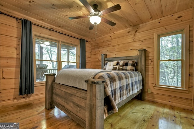 120 Christopher Dr, Ellijay, GA 30540 - bedroom with wooden ceiling, wooden walls, wood-type flooring, and ceiling fan