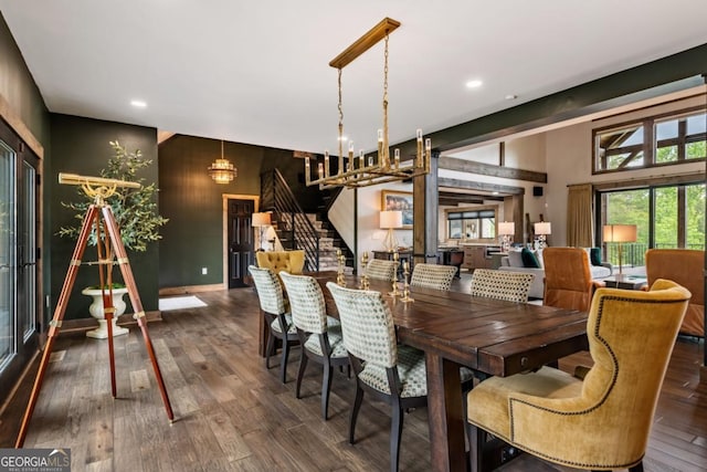 312 Charles Rd, Ellijay, GA 30540 - dining area with stairway, a chandelier, recessed lighting, and wood finished floors