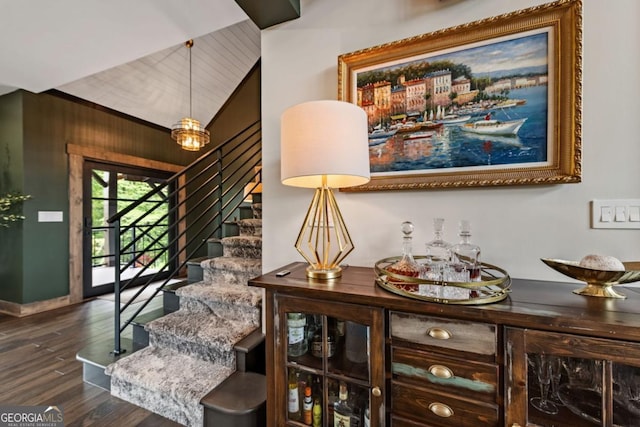 312 Charles Rd, Ellijay, GA 30540 - staircase with wood finished floors and vaulted ceiling