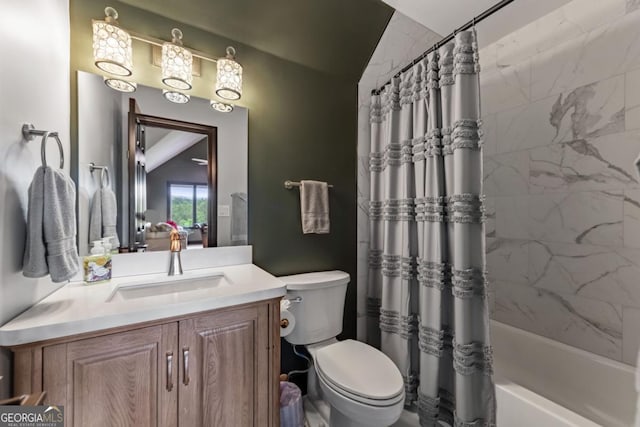 312 Charles Rd, Ellijay, GA 30540 - full bath with vanity, shower / bathtub combination with curtain, and lofted ceiling