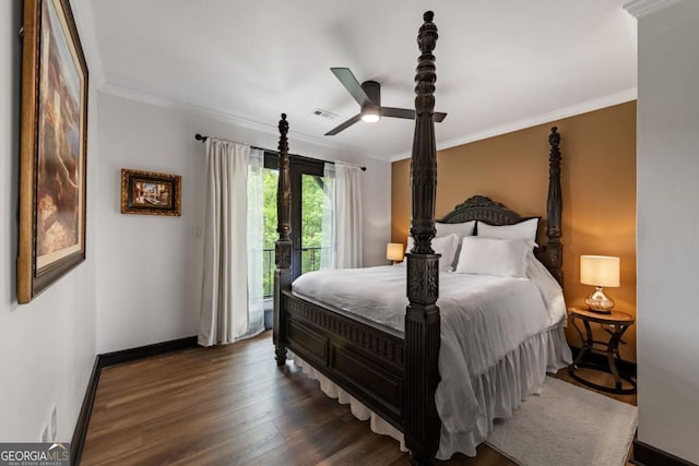 312 Charles Rd, Ellijay, GA 30540 - bedroom with wood finished floors, ornamental molding, access to outside, and a ceiling fan