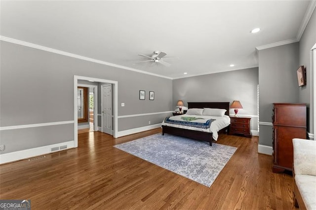 194 Sentinel Pl SE, Marietta, GA 30067 - bedroom featuring ornamental molding, wood finished floors, baseboards, recessed lighting, and ceiling fan