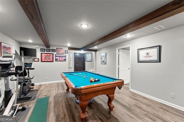 194 Sentinel Pl SE, Marietta, GA 30067 - recreation room featuring beam ceiling, baseboards, wood finished floors, recessed lighting, and billiards table