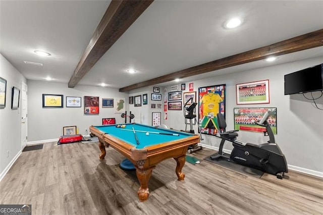 194 Sentinel Pl SE, Marietta, GA 30067 - playroom with beam ceiling, wood finished floors, baseboards, recessed lighting, and billiards