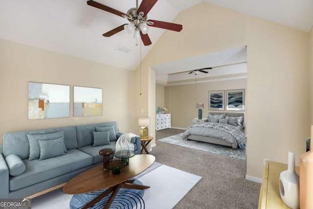 40 Wimberly Way, Covington, GA 30016 - living room featuring a ceiling fan, carpet, baseboards, and high vaulted ceiling