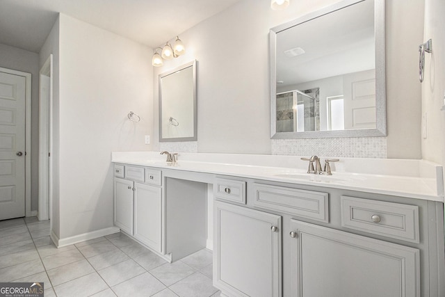 206 Brookview Dr, Newnan, GA 30265 - full bath featuring tile patterned flooring, double vanity, and a shower stall