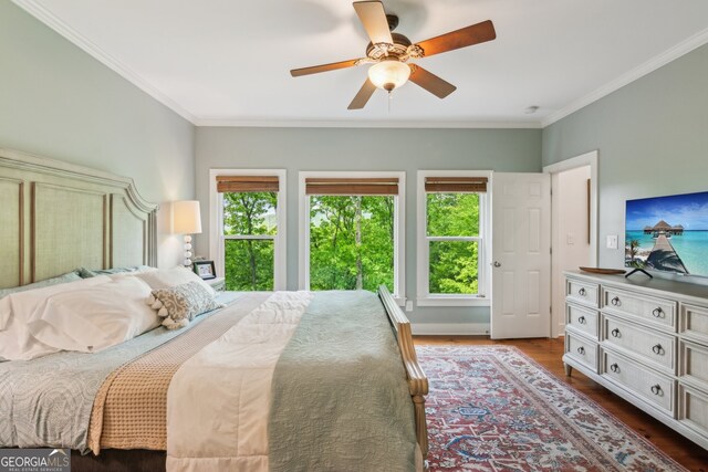 61 Deer Run Rdg, Big Canoe, GA 30143 - bedroom with multiple windows, crown molding, dark wood-type flooring, and ceiling fan