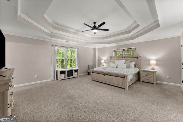6520 Glen Pond Trce, Cumming, GA 30028 - bedroom with a tray ceiling, ornamental molding, light colored carpet, baseboards, and ceiling fan