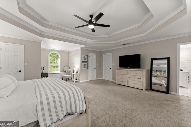 6520 Glen Pond Trce, Cumming, GA 30028 - bedroom featuring a raised ceiling, ornamental molding, carpet floors, baseboards, and ceiling fan