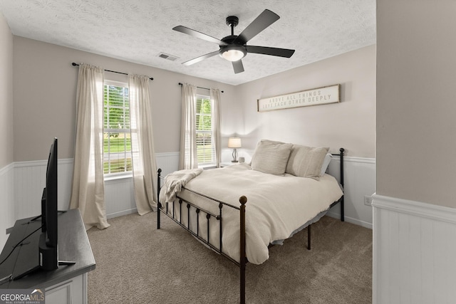 6520 Glen Pond Trce, Cumming, GA 30028 - carpeted bedroom with a wainscoted wall, a textured ceiling, and ceiling fan