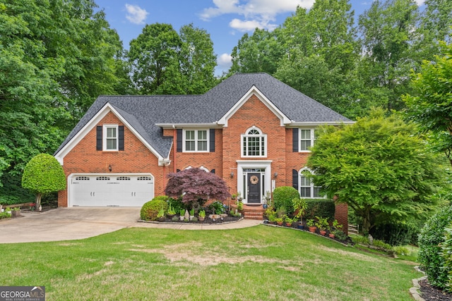420 Windswept Ct, Roswell, GA 30075 - colonial inspired home featuring a garage, concrete driveway, a shingled roof, and brick siding