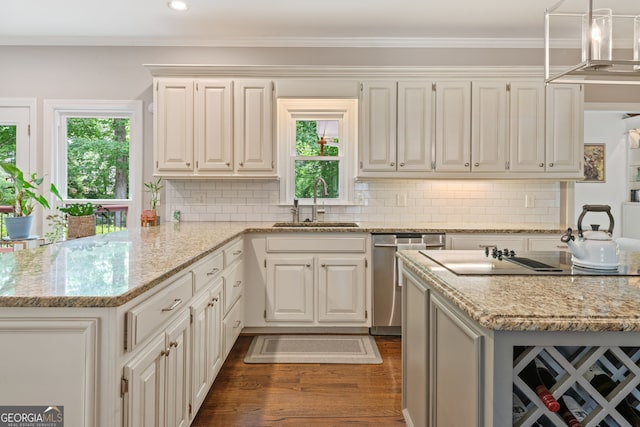 420 Windswept Ct, Roswell, GA 30075 - kitchen featuring a sink, plenty of natural light, black electric stovetop, stainless steel dishwasher, and crown molding