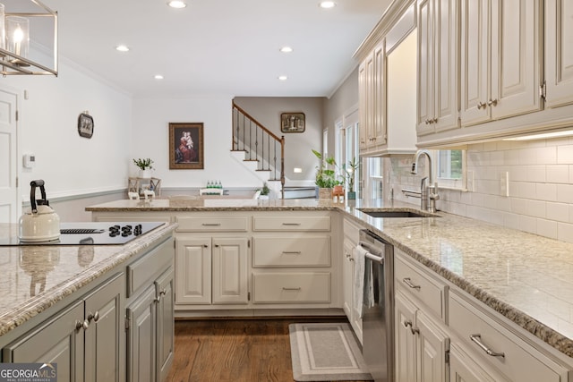 420 Windswept Ct, Roswell, GA 30075 - kitchen featuring a sink, black electric stovetop, dishwasher, dark wood-style flooring, and backsplash