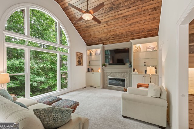 420 Windswept Ct, Roswell, GA 30075 - living area featuring healthy amount of natural light, ceiling fan, wooden ceiling, carpet, and high vaulted ceiling