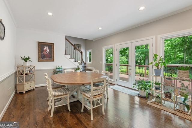 420 Windswept Ct, Roswell, GA 30075 - dining space featuring stairs, ornamental molding, dark wood-style flooring, and recessed lighting