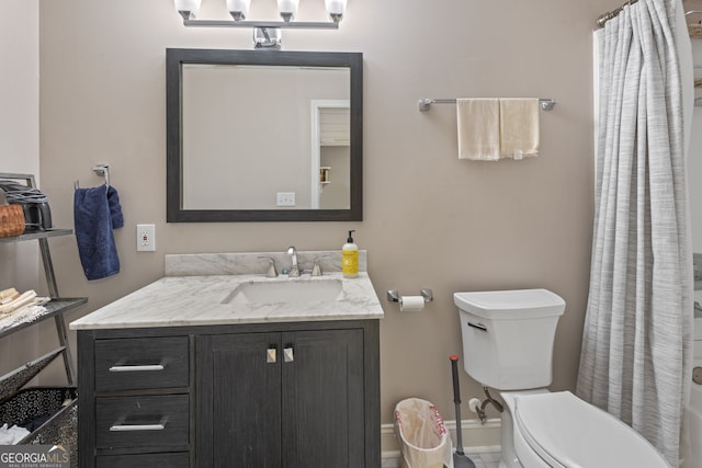 420 Windswept Ct, Roswell, GA 30075 - full bathroom featuring vanity, toilet, shower / bathtub combination with curtain, and baseboards