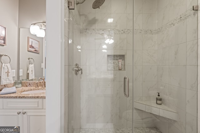 420 Windswept Ct, Roswell, GA 30075 - bathroom featuring a stall shower and vanity