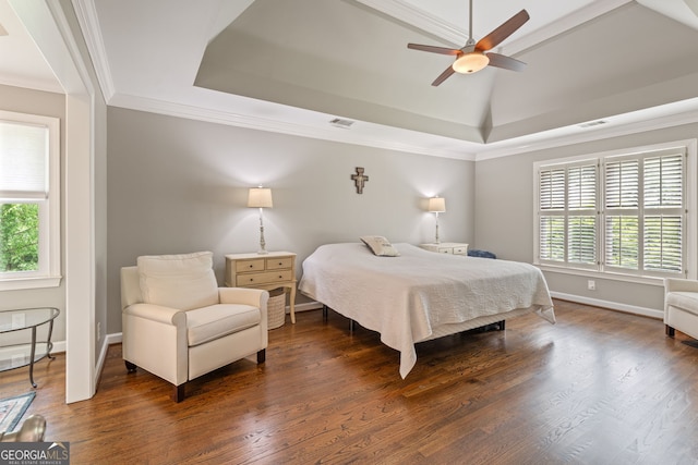 420 Windswept Ct, Roswell, GA 30075 - bedroom with dark wood finished floors, ornamental molding, a raised ceiling, baseboards, and a ceiling fan