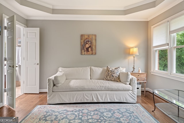 420 Windswept Ct, Roswell, GA 30075 - bedroom with a tray ceiling, crown molding, wood finished floors, and baseboards