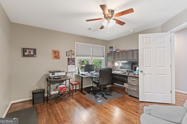 420 Windswept Ct, Roswell, GA 30075 - home office featuring wood finished floors, ceiling fan, and baseboards