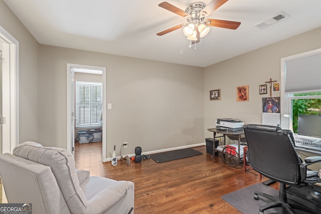 420 Windswept Ct, Roswell, GA 30075 - office area with healthy amount of natural light, wood finished floors, a ceiling fan, and baseboards