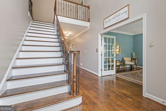 420 Windswept Ct, Roswell, GA 30075 - stairway with crown molding, baseboards, wood finished floors, and french doors