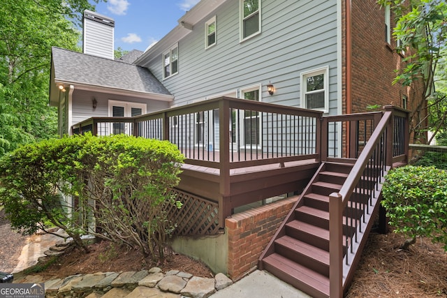 420 Windswept Ct, Roswell, GA 30075 - back of house featuring stairway, a chimney, a wooden deck, a shingled roof, and brick siding