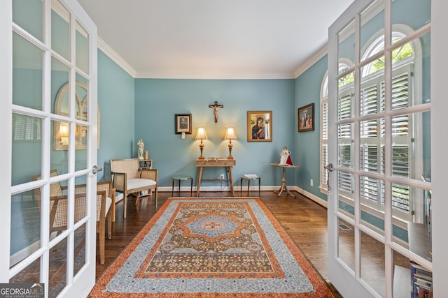 420 Windswept Ct, Roswell, GA 30075 - sitting room with wood finished floors, ornamental molding, healthy amount of natural light, baseboards, and french doors