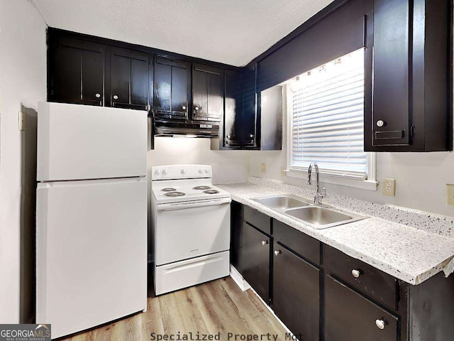 7 Grassdale Rd, Cartersville, GA 30120 - kitchen with white appliances, under cabinet range hood, a sink, light wood-type flooring, and light countertops